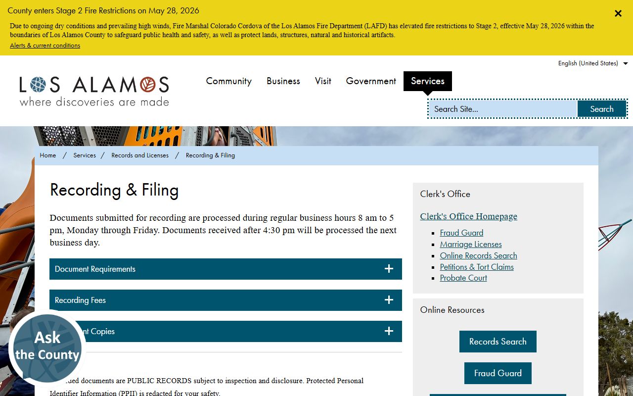Los Alamos County court clerk records recording and filing distinction