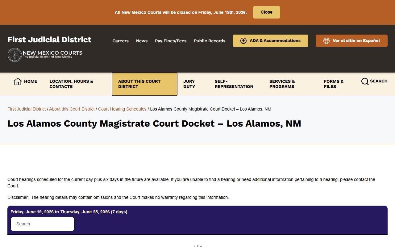 Los Alamos County court dockets Magistrate Court hearing schedule