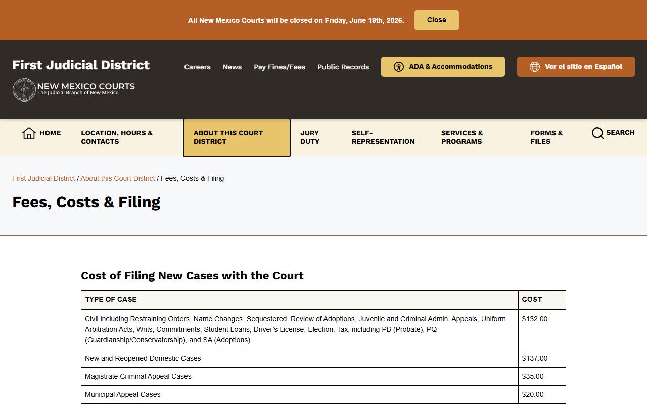 Los Alamos County court records First Judicial District fees page