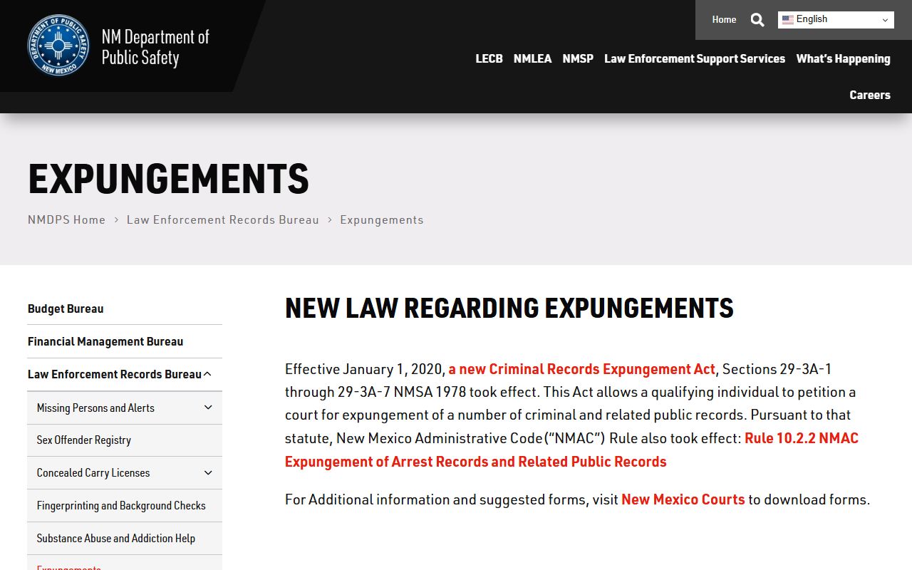 Los Alamos County criminal court records New Mexico DPS expungement information
