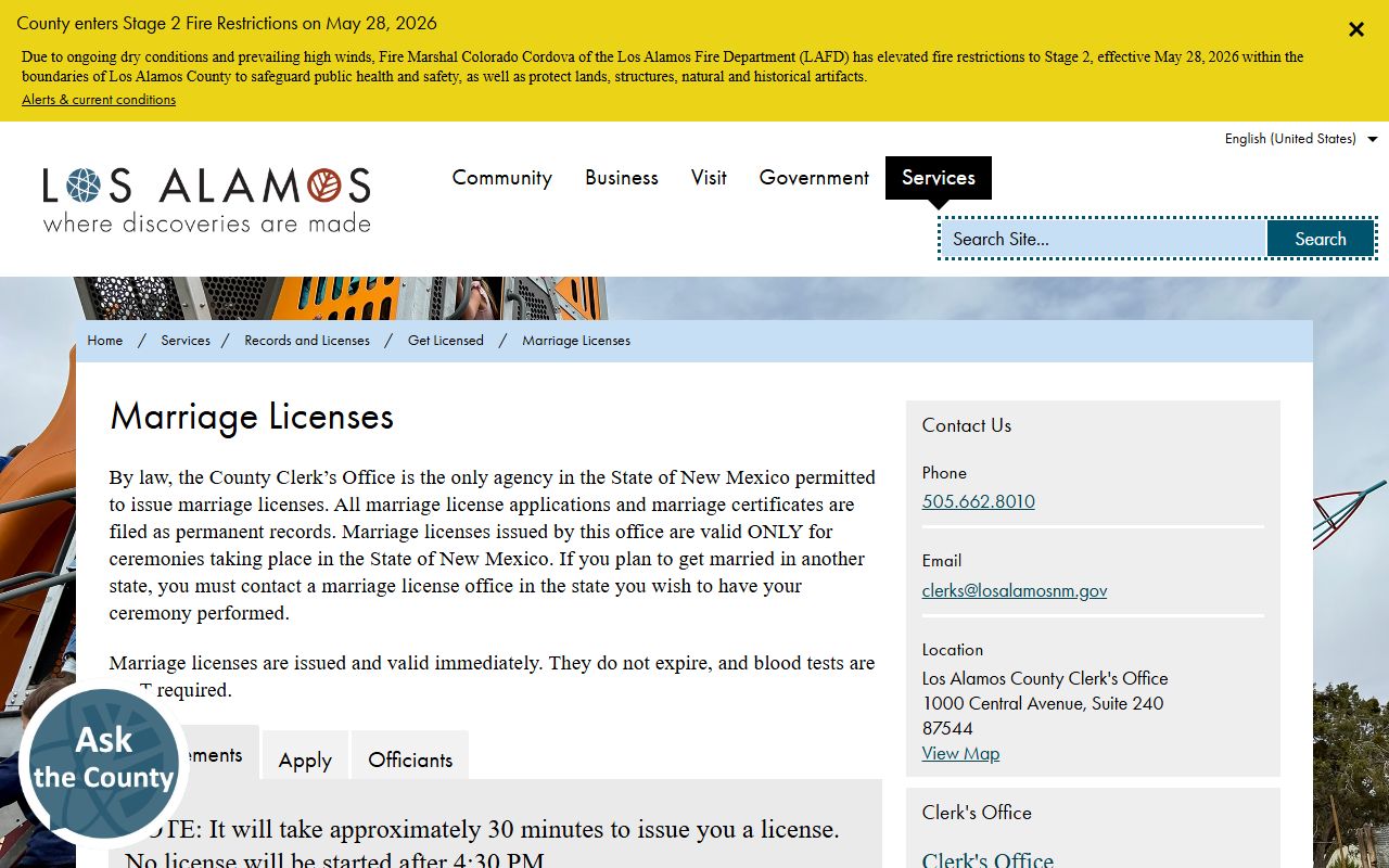 Los Alamos County marriage records license requirements page
