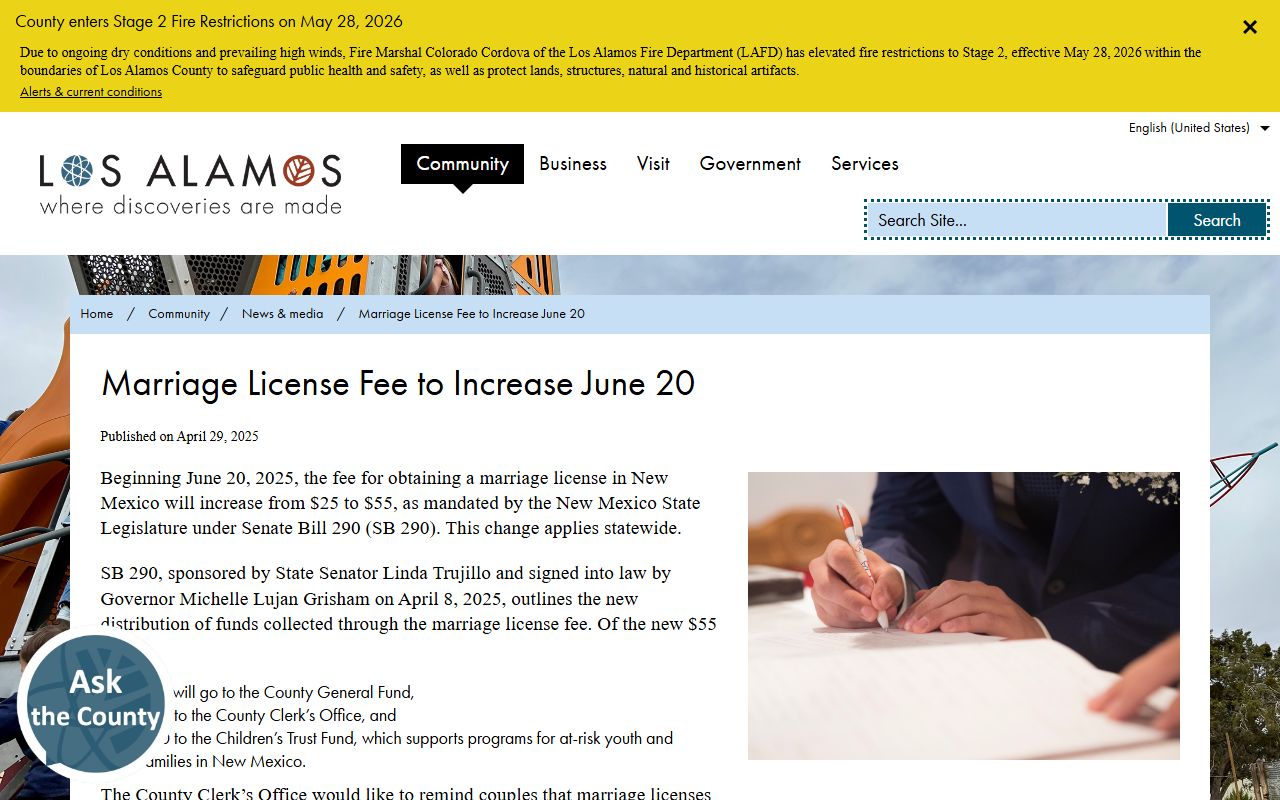 Los Alamos County marriage records fee increase notice