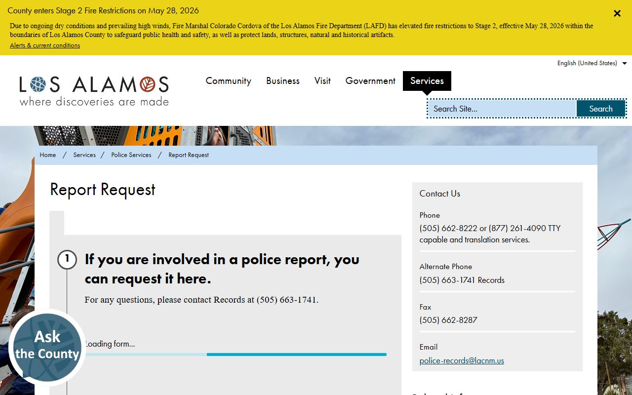 Los Alamos County warrant records police report request page